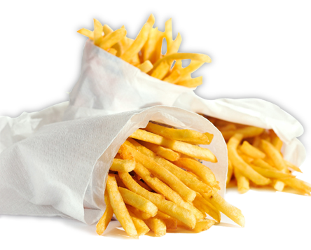French fries in a brown paper bag isolated on a white background