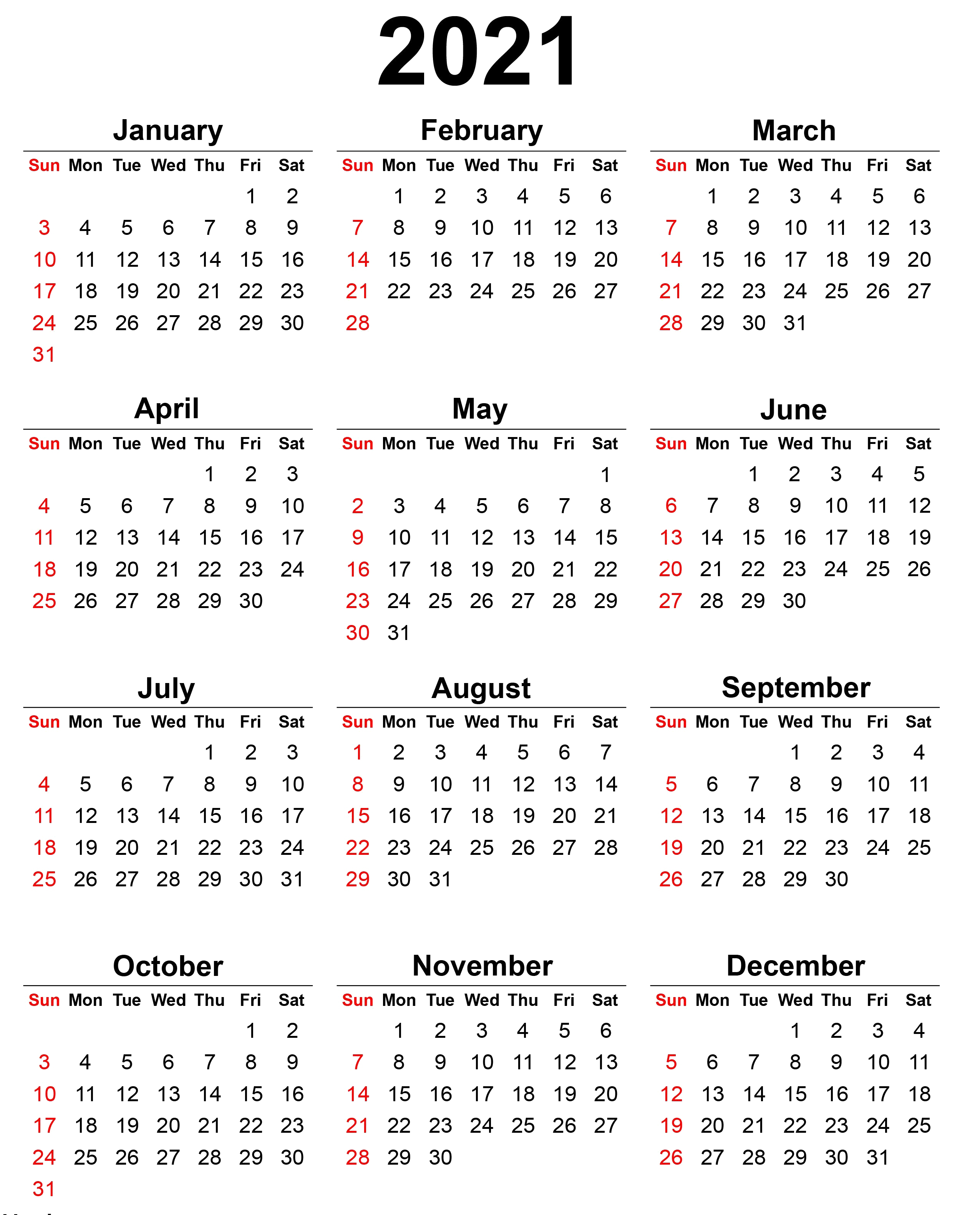 Calendar 2021 Year PNG